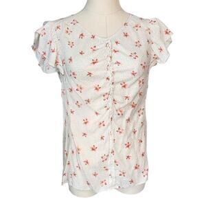 Rebecca Taylor Maui Fleur Dot Ruched Blouse Silk Jacquard Floral Womens Size 2